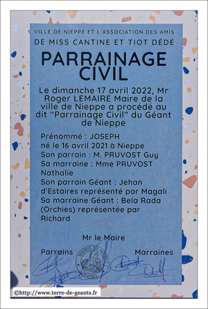 L'acte officiel de parrainage civil  du Géant Joseph